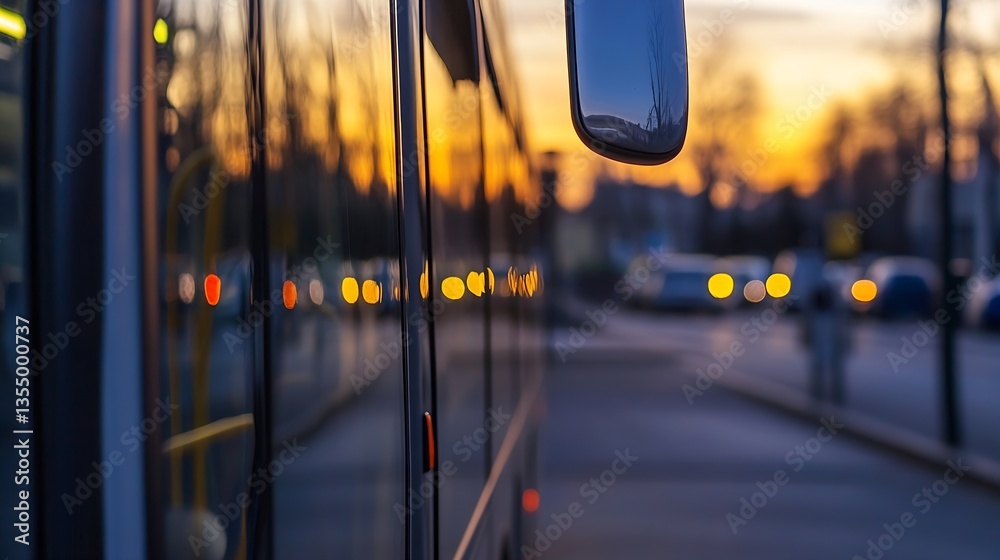 Poster city bus captured at dusk with handsome reflections of urban lights on the glass surface creating a 