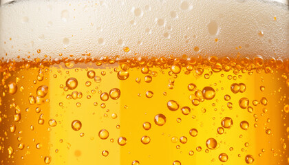 Close-up of fizzy golden beer with foam and rising bubbles

