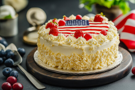 White cake decorated with American flag on top and strawberries, Fourth of July celebration