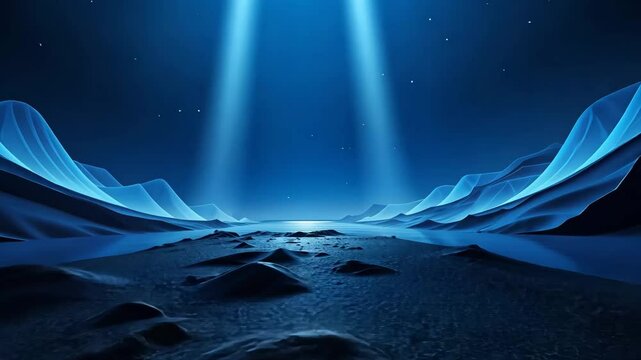 Ethereal Blue Landscape with Pixelated Mountains Under Dual Spotlight in Futuristic Theme and Rocky Terrain for Adobe Stock