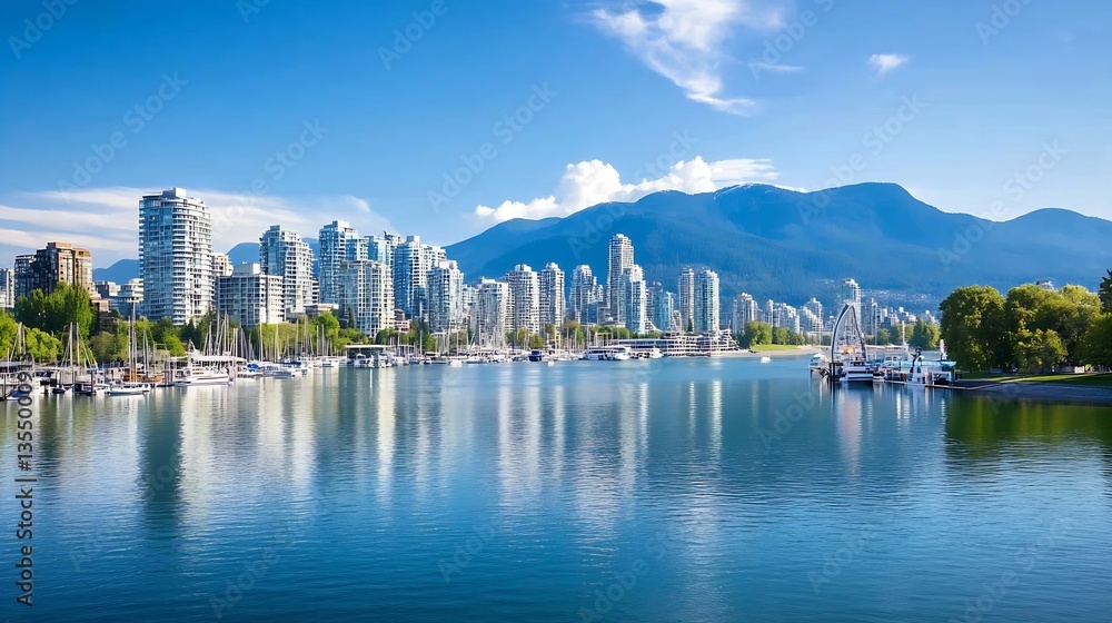 Poster breathtaking view of a modern city skyline with mountains and a serene marina on a clear day : gener