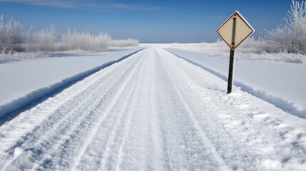 Snowy winter road with a sign