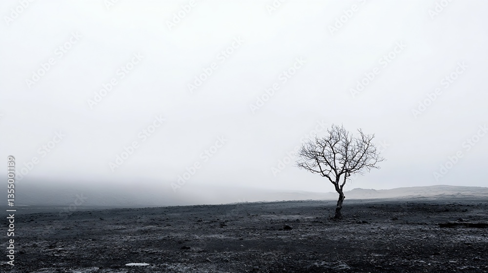 Poster lone leafless tree in a foggy landscape with gloomy gray sky and dry earth : generative ai