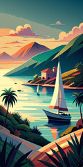 Tropical seascape with sailboat at sunny day. Sail yacht in beautiful lagune. Marine landscape with mountains and boat. AI generated vector illustration