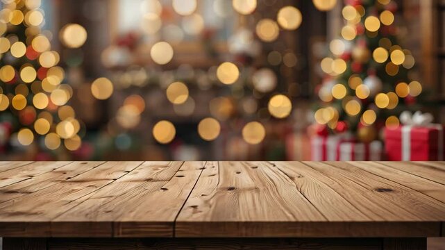 Festive Christmas Trees Adorned with Bokeh Lights and Rustic Wooden Table