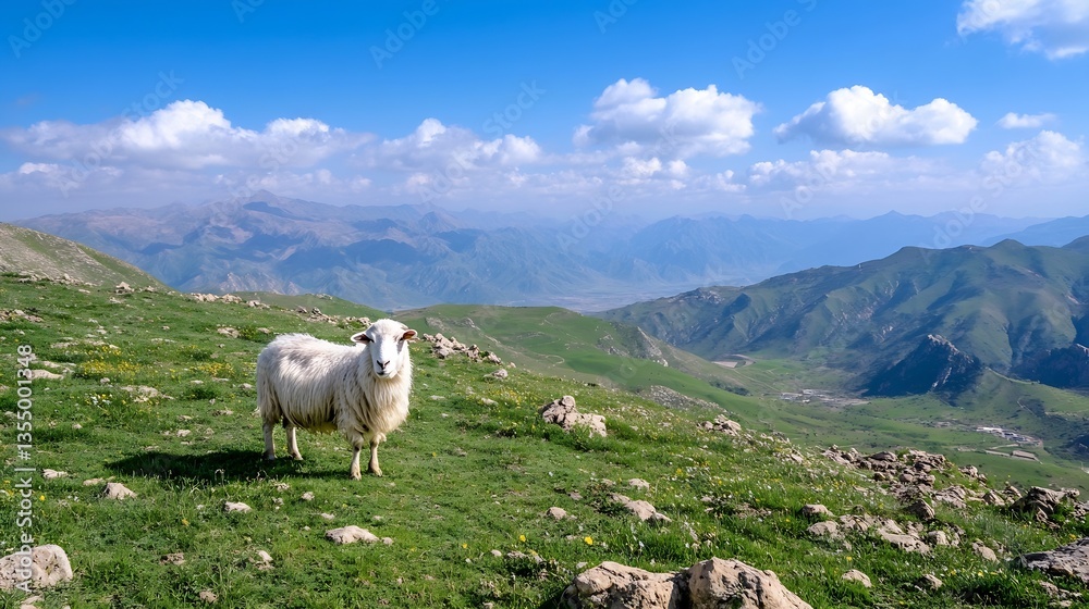 Poster a fluffy white sheep standing majestically on a rocky hillside with vibrant greenery and mountains i