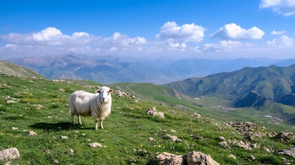 Obraz premium A fluffy white sheep standing majestically on a rocky hillside with vibrant greenery and mountains in the background : Generative AI