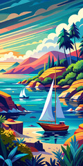Tropical seascape with sailboat at sunny day. Sail yacht in beautiful lagune. Marine landscape with mountains and boat. AI generated vector illustration