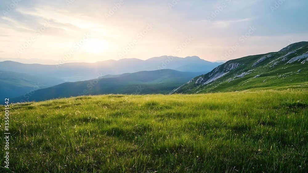 Poster vibrant green fields stretch into the horizon as the sun sets behind distant mountains : generative 