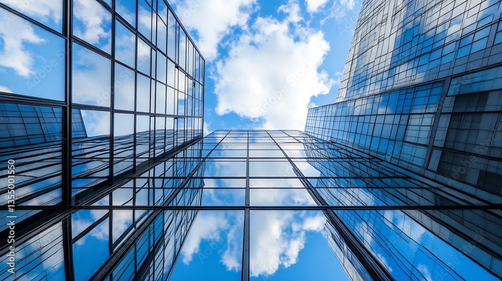 Poster modern skyscrapers reflecting the vibrant blue sky and clouds creating a stunning architectural view