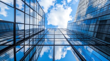 Modern skyscrapers reflecting the vibrant blue sky and clouds creating a stunning architectural view in the city : Generative AI