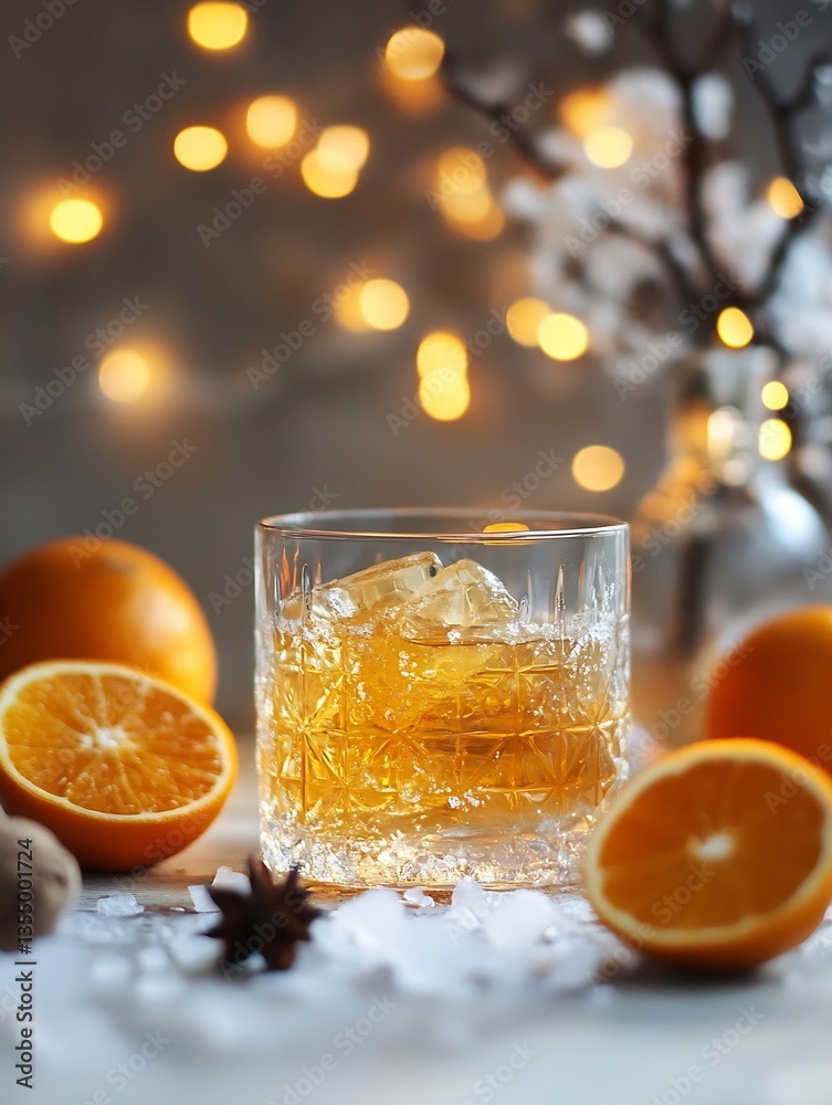 Aufkleber chilled glass of whiskey with fresh orange slices and ice cubes on table with fairy lights : generat