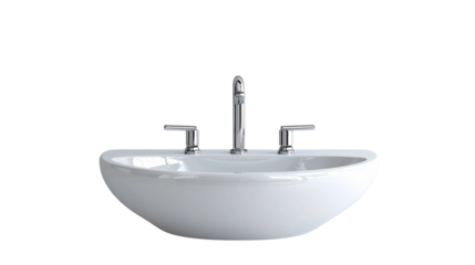 Side view of an integrated ceramic double basin sink with a stylish chrome faucet,