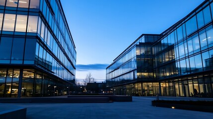 Fototapeta premium Modern urban architecture showcasing glass buildings under a twilight sky : Generative AI