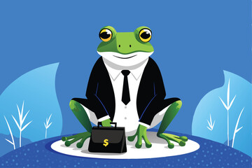 Naklejka premium A cartoon frog in a suit, seated at a desk, advises clients on retirement planning, charts & graphs visible. Humorous illustration.