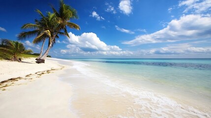 Stunning tropical beach landscape with palm trees under a bright blue sky and tranquil sea : Generative AI