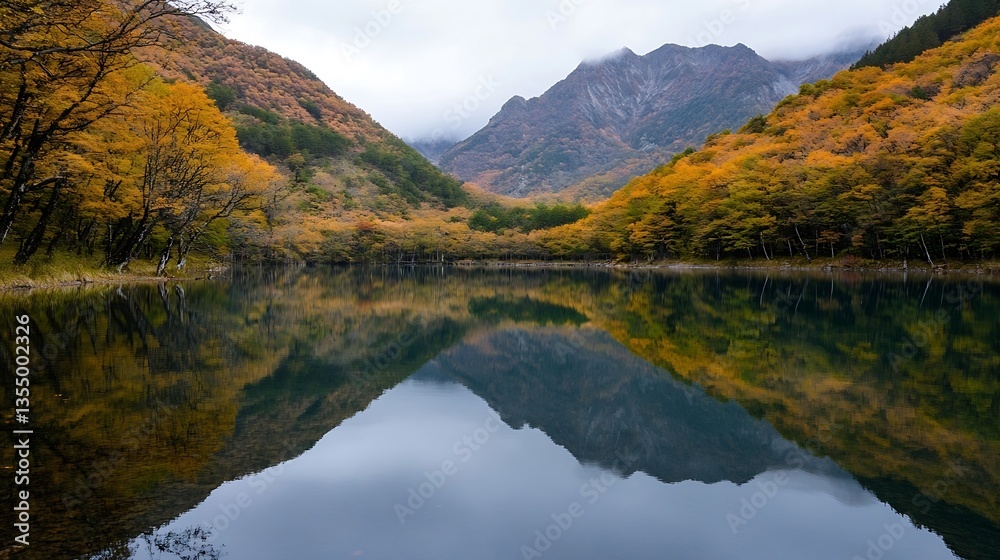 Aufkleber serene autumn reflection of colorful trees in crystal clear lake surrounded by majestic mountains : 