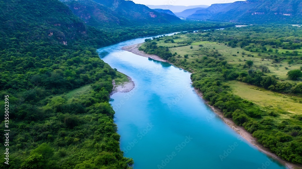 Poster aerial view of a winding river surrounded by lush greenery and hills during the day : generative ai