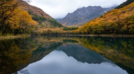 Serene autumn reflection of colorful trees in crystal clear lake surrounded by majestic mountains : Generative AI