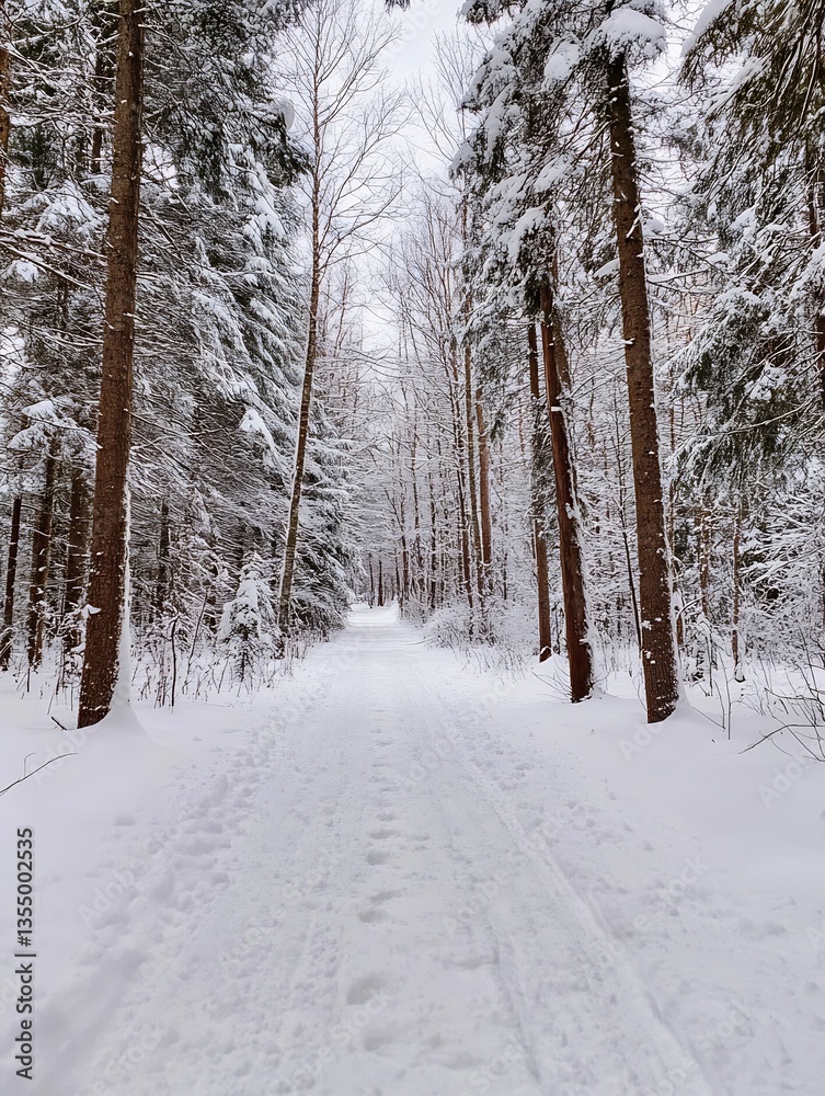 Poster serene snowcovered path through a tranquil pine forest in winter landscape : generative ai