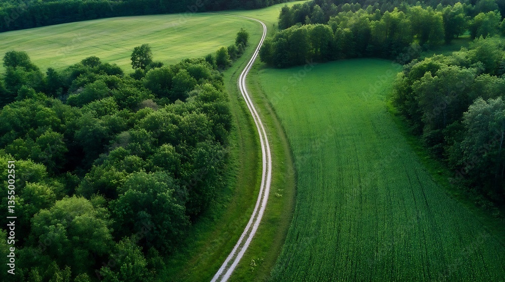 Poster Aerial view of a winding rural road surrounded by lush green fields and trees representing nature and tranquility : Generative AI