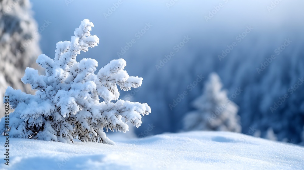 Aufkleber Frostcovered evergreen shrub on a snowpacked mountain slope with a dreamy background : Generative AI