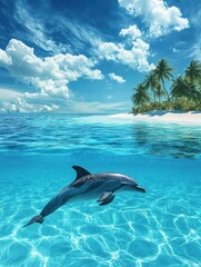 Serene tropical beach paradise with a dolphin gracefully swimming in crystal-clear turquoise water