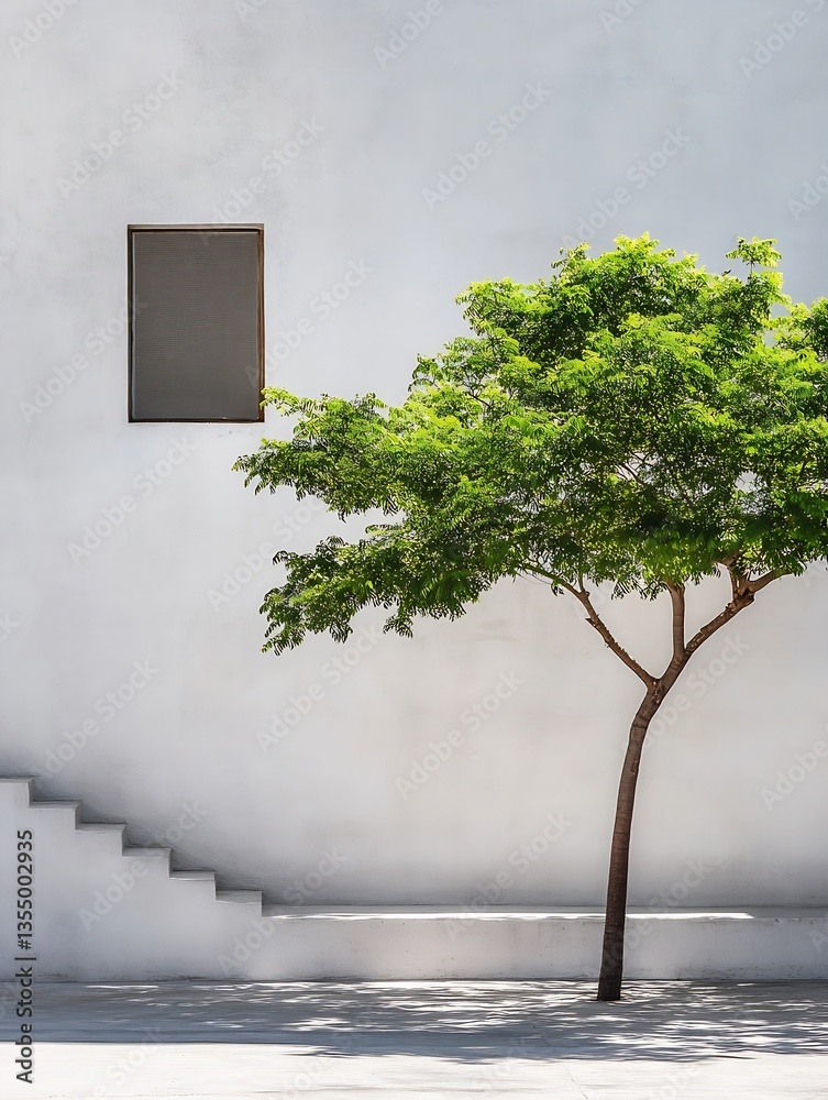 Poster minimalistic architectural scene featuring a green tree beside a window against a stark white wall :