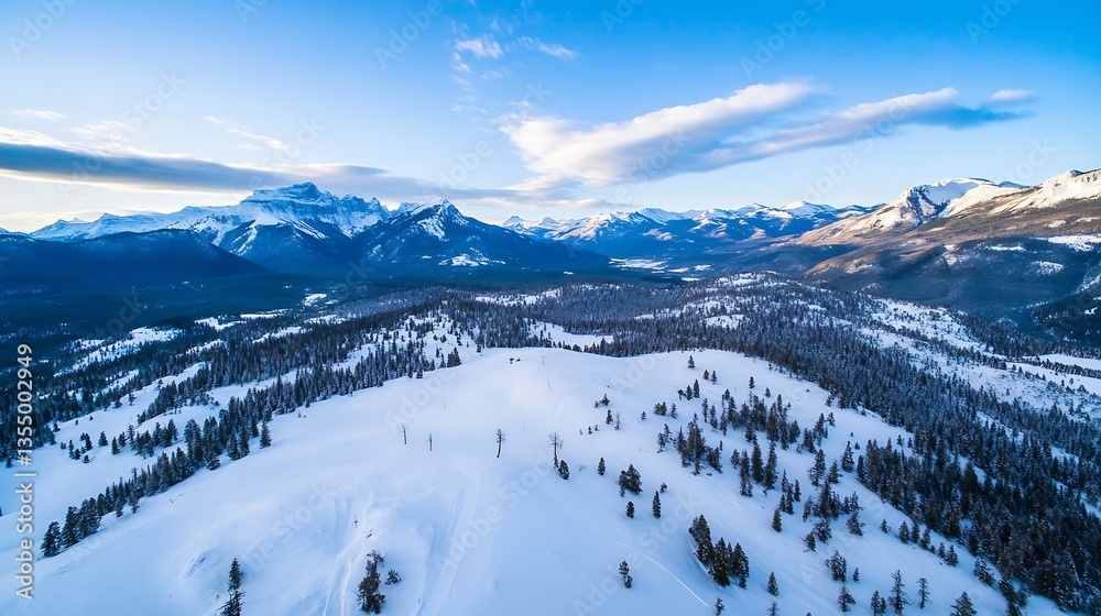 Poster breathtaking aerial view of a winter landscape with snowcovered mountains and pine trees under a cle