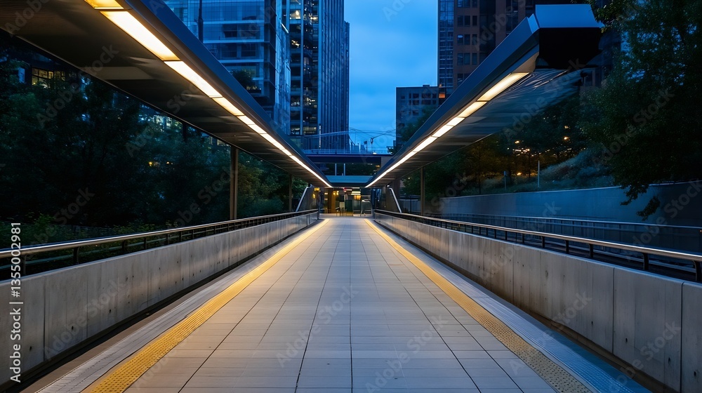 Poster An empty pedestrian walkway in a modern urban environment illuminated by artificial lights at dusk : Generative AI