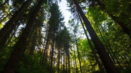 Fototapeta premium Tall trees reaching towards the blue sky in a vibrant lush green forest creating a serene natural landscape : Generative AI