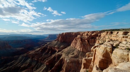 Fototapeta premium Expansive view of a canyon with majestic cliffs under a blue sky with fluffy clouds : Generative AI