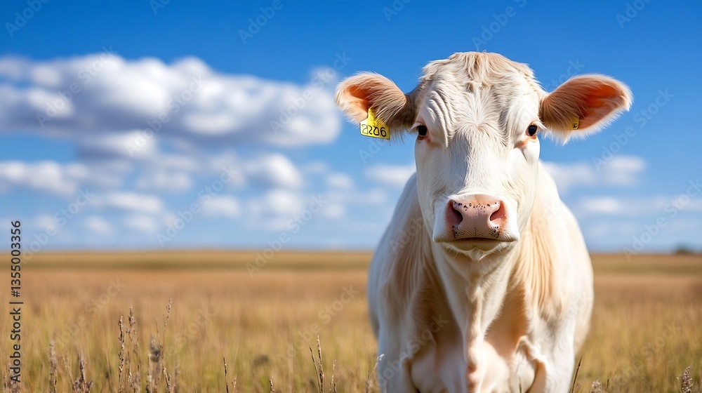 Poster Curious cow looking directly into the camera against a backdrop of open fields and blue sky : Generative AI