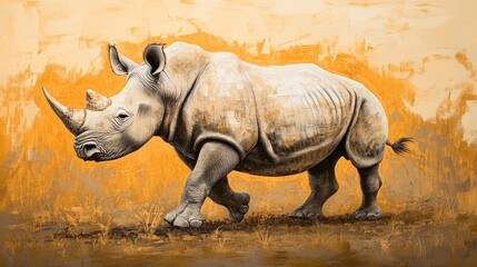 Fototapeta premium White rhinoceros walking across open terrain, with its massive horn and intricate skin textures softly lit against a golden savanna background.