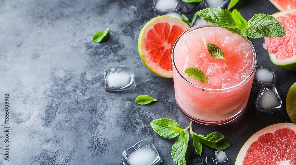 Poster refreshing summer drink in a glass with mint leaves and pink grapefruit slices surrounded by ice cub