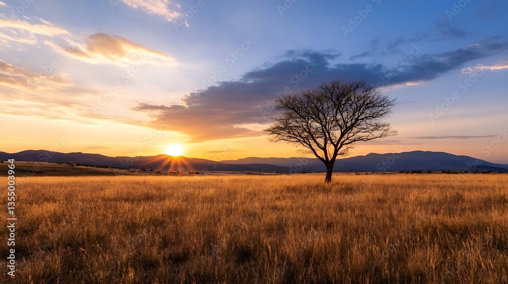Poster beautiful sunset over a vast landscape with a solitary tree in the foreground : generative ai