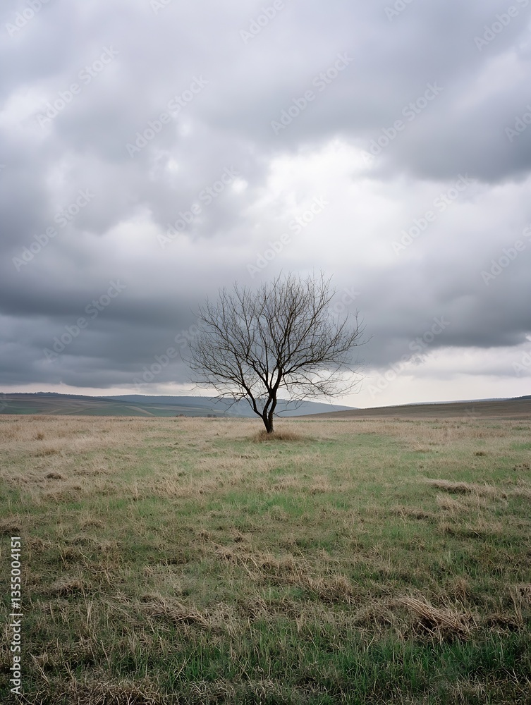 Poster lonely tree standing in barren field with dark clouds hovering overhead during a dramatic sky : gene