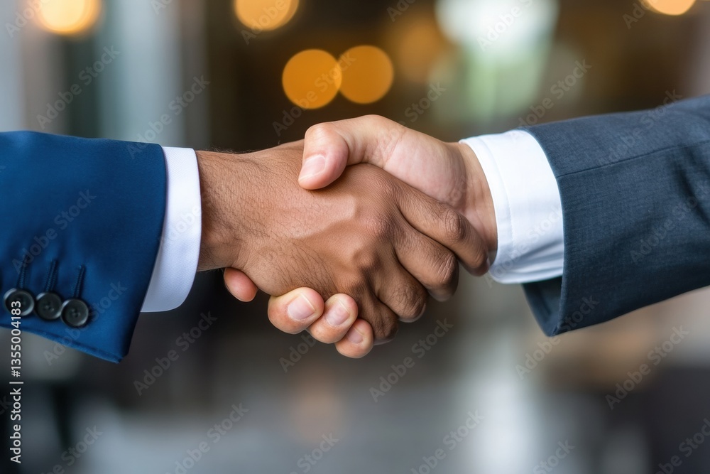 Poster business professionals engage in a handshake in a modern political setting with clean design and nat