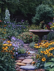 Fototapeta premium Front yard garden featuring a butterfly garden with nectar-rich flowers, a small birdbath, and natural stones, no logos
