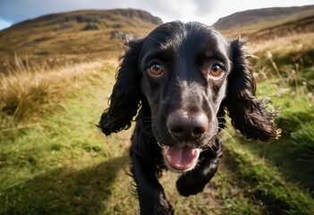 english cocker spaniel running happy outdoors in the countryside, doggy playing outdoor on autumnal meadown, cloudly sky