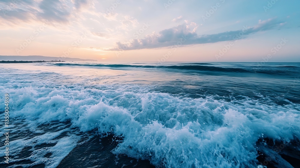 Aufkleber calming ocean waves crashing on the shore during sunset with pastel colors in the sky : generative a