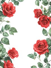 Naklejka premium Charming red rose border with realistic petals and lush foliage.
