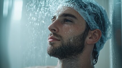 Man in Shower: Close-up of a man wearing a shower cap, with water streaming over his face, showcasing a moment of refreshment and hygiene.