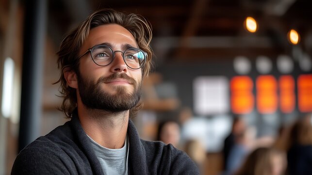 Man Contemplating, Coffee Shop, Blurred Background