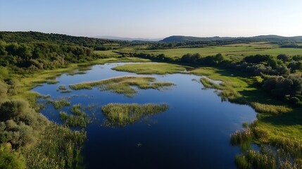 Fototapeta premium Aerial view of a peaceful lake surrounded by lush green landscape during a sunny day : Generative AI