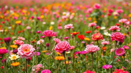 Fototapeta premium A field of wildflowers with roses in the background, nature, flowers