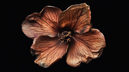 Wilted flower macro shot with soft aged petals, intricate textures, and a dark moody background, emphasizing decay, isolated on transparent background for visual metaphors.