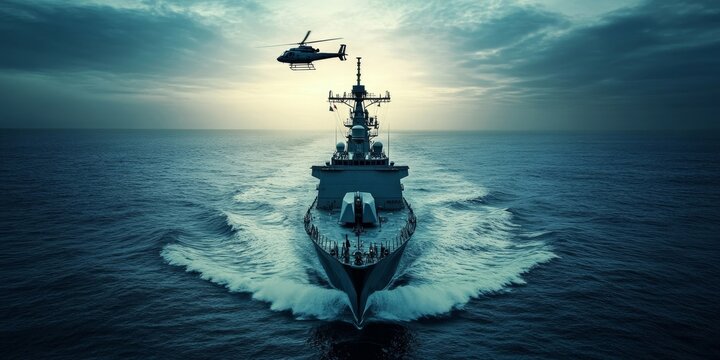 military special forces naval vessel destroyer sailing fast in the middle of the ocean with a chopper in the background, wide poster design with copy space