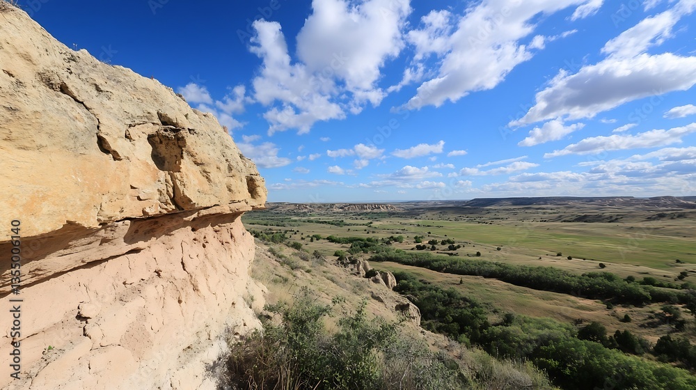 Poster expansive landscape view of rolling hills and blue sky with clouds : generative ai