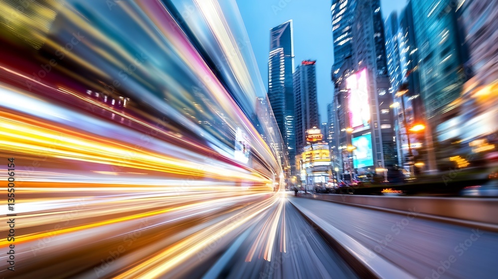 Poster Dynamic urban scene with fastmoving lights and blurred city skyline : Generative AI